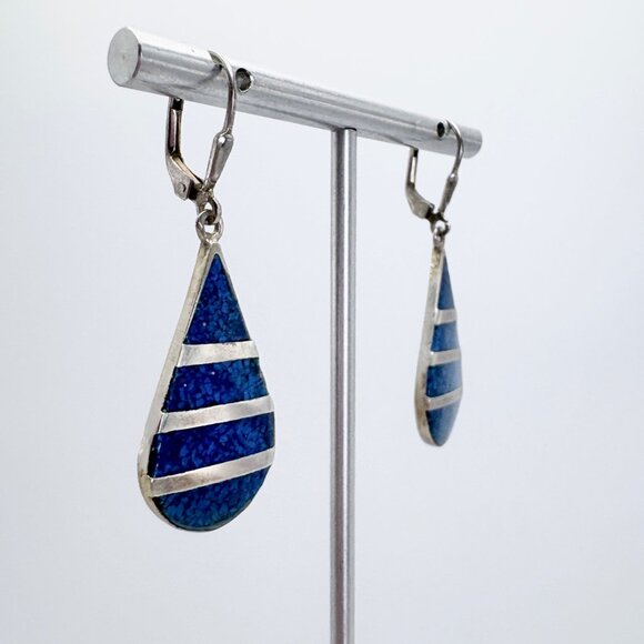 VTG Sterling Silver 925 Lapis Lazuli Teardrop Dangle Earrings Size 1.75" Length - Picture 3 of 9